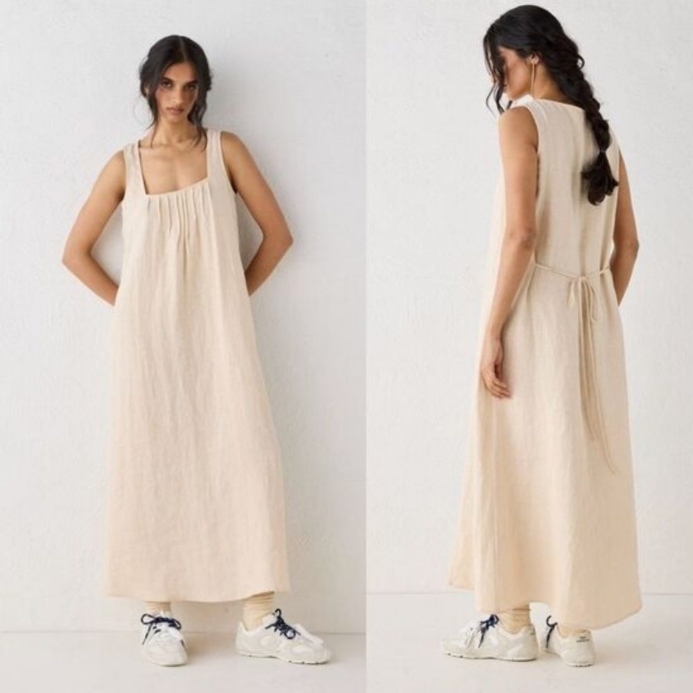 Sleeveless Cream Linen Tie-Back Maxi Dress